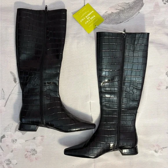 NEW Gianni Bini Black Leather Pointy Toe Croc Emboss Low Heel Knee High Boots 6- - Picture 11 of 14